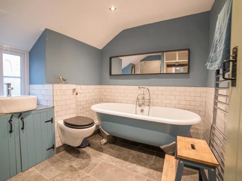 a bathroom with a tub and a toilet and a sink at Bwthyn Dyfi in Machynlleth