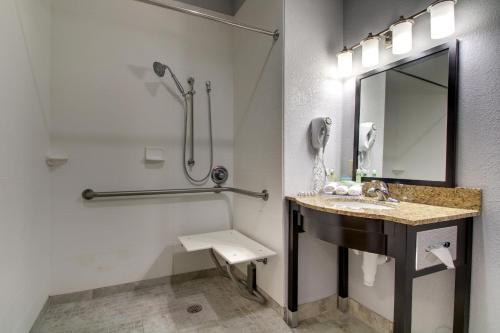 a bathroom with a sink and a shower and a mirror at Holiday Inn Express Natchez South West by IHG in Natchez