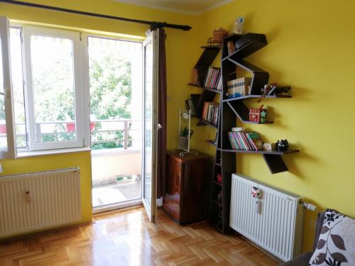 a yellow room with a book shelf and a window at Helena Apartment in Novi Sad