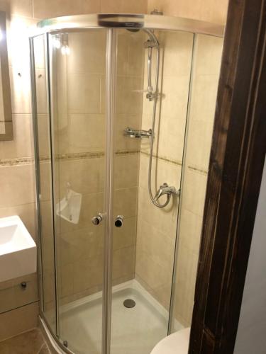 a shower with a glass door in a bathroom at La Plagne/Champagny Studio in Champagny-en-Vanoise