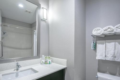 Baño blanco con lavabo y espejo en Holiday Inn Express and Suites Houston North - IAH Area, an IHG Hotel en Houston