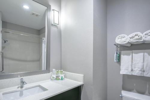a white bathroom with a sink and a mirror at Holiday Inn Express and Suites Houston North - IAH Area, an IHG Hotel in Houston