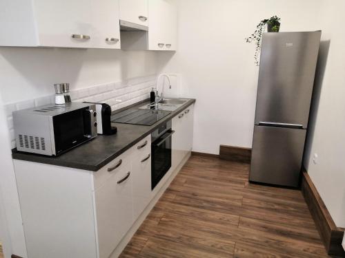 eine Küche mit weißen Schränken und einem Kühlschrank aus Edelstahl in der Unterkunft SLO. Apartments in Bakov nad Jizerou