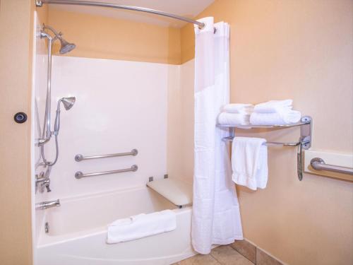 a bathroom with a shower and a bath tub with towels at Holiday Inn Express Hotel & Suites Richland in Richland