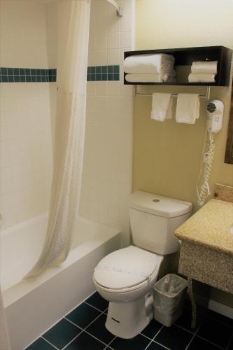a bathroom with a toilet and a tub and a sink at Howard Johnson by Wyndham Santa Cruz in Santa Cruz