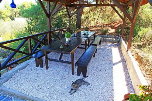 a dog laying on the ground under a wooden table at Dionysus Apartments & Suites in Ierissos