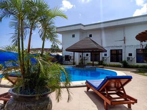 una palmera en una olla junto a una piscina en Discover Boracay Hotel, en Kalibo