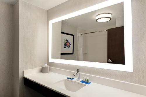 a bathroom with a sink and a large mirror at Holiday Inn Express Hotel & Suites Shawnee I-40 by IHG in Shawnee