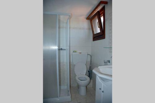 a bathroom with a toilet and a sink and a shower at Vila Elena 2 astoning view in Steni Vala Alonissos