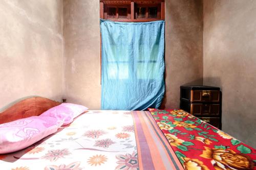 a bedroom with a bed with a blue curtain at Iran Homestay in Sermo