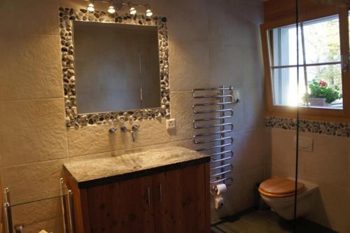 a bathroom with a sink and a toilet and a mirror at Sam & Cindy Mühlemann in Interlaken
