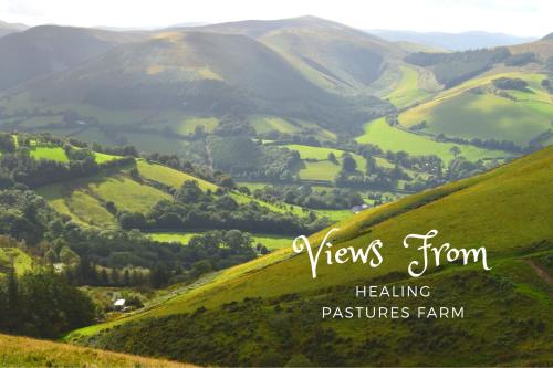 a view of a green hills with the words views from healing textures farm at Healing Pastures Farm in Llanbrynmair