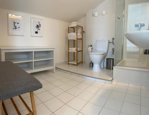 a bathroom with a toilet and a sink at Arena Stadt München in Munich