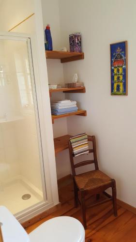 una silla en una habitación con espejo y estantería en Domaine de Las Planques, en Vaudreuille