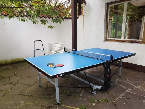 a blue ping pong table with a ping paddle on it at Landhaus Schönblick in Bad Kohlgrub