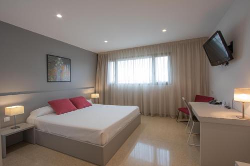 a bedroom with a bed and a desk and a television at Villa Alojamiento y Congresos - Villa Universitaria in San Vicente del Raspeig