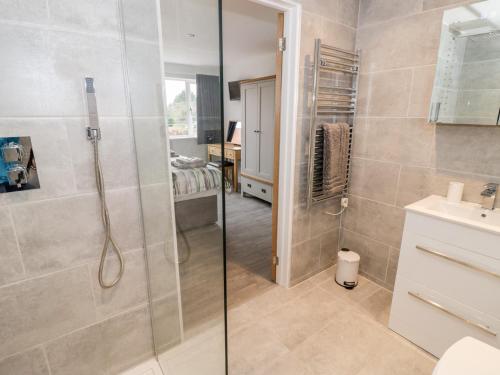 a bathroom with a shower and a toilet and a sink at Beechnut Cottage in Tewkesbury