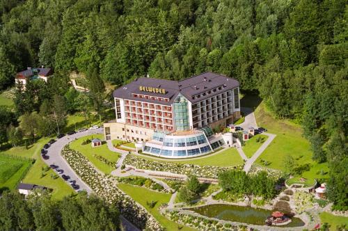 an aerial view of a hotel with a large building at Hotel Belweder in Ustroń