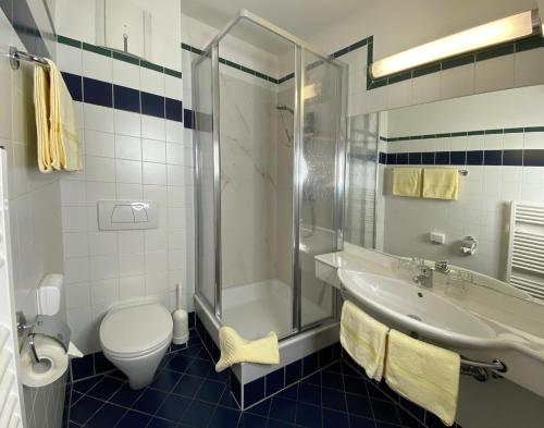 La salle de bains est pourvue de toilettes, d'un lavabo et d'une douche. dans l'établissement Pension Christina, à Weiz