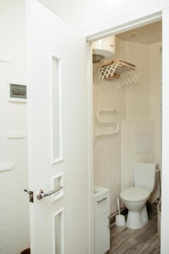 a white bathroom with a toilet and a shower at Apartments at Kontorska 10 in Kharkiv