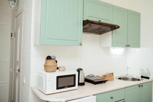 a kitchen with green cabinets and a microwave at Apartments at Kontorska 10 in Kharkiv