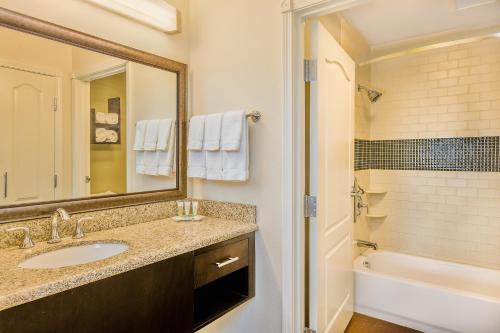 uma casa de banho com um lavatório, um espelho e uma banheira em Staybridge Suites Bismarck, an IHG Hotel em Bismarck