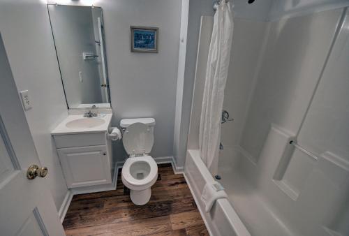 a bathroom with a toilet and a sink and a shower at Outer Banks Motel - Village Accommodations in Buxton