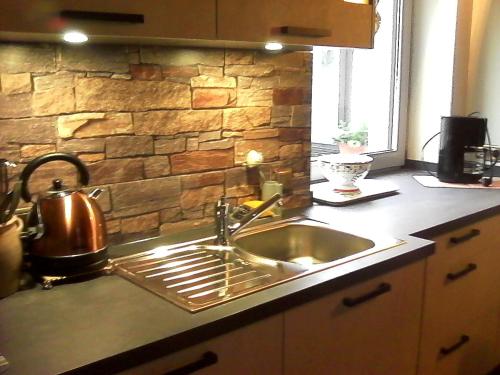 cocina con fregadero y pared de ladrillo en Eifelferienwohnungen "Familie Saxler", en Bereborn