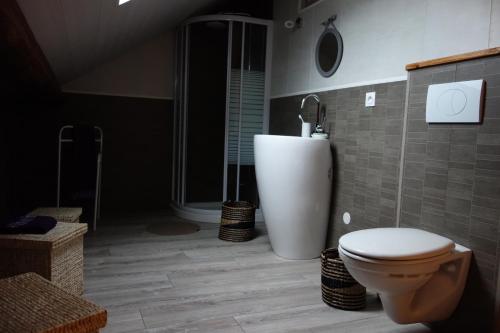 La salle de bains est pourvue d'une douche et de toilettes. dans l'établissement Le Champ, à Le Clerjus
