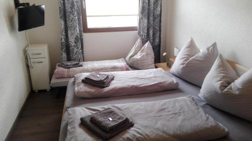 - 2 lits dans une chambre avec des oreillers dans l'établissement Ferienwohnung Donnerkogel, à Annaberg-Lungötz