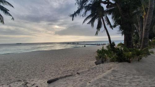 uma praia arenosa com palmeiras e o oceano em DiveGurus Boracay Beach Resort em Boracay