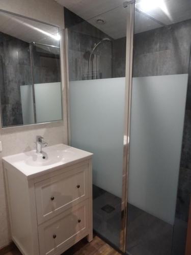 a bathroom with a sink and a shower at La Lauriére in Treize-Vents