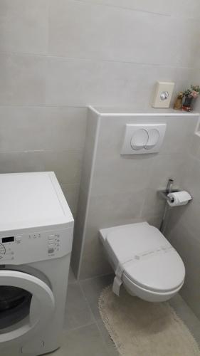a white toilet sitting next to a white trash can at Apartment Iva in Rovinj