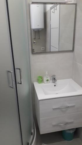 a bathroom with a sink, mirror, and toilet at Apartment Iva in Rovinj