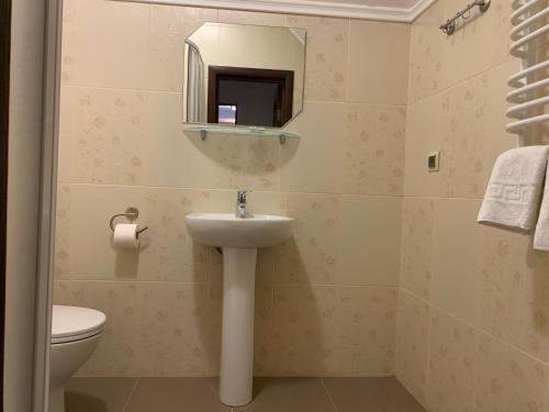 a bathroom with a sink and a toilet and a mirror at Hotel Kalyna in Bukovel