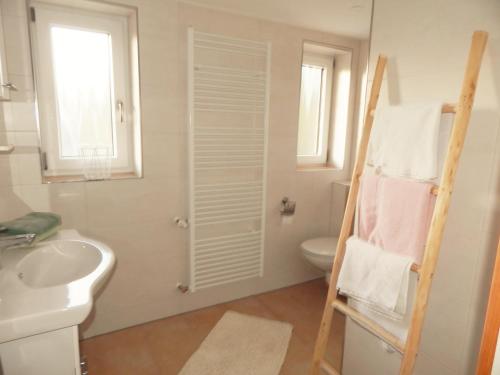 a bathroom with a sink and a toilet and a towel rack at Ferienwohnung Vogl in Drachselsried