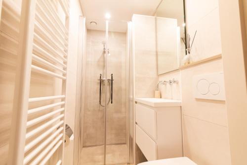 a bathroom with a shower and a toilet and a sink at Appartement Schin op Geul in Schin op Geul
