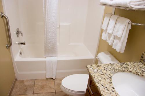 a bathroom with a toilet and a shower and a sink at Candlewood Suites Champaign-Urbana University Area by IHG in Champaign