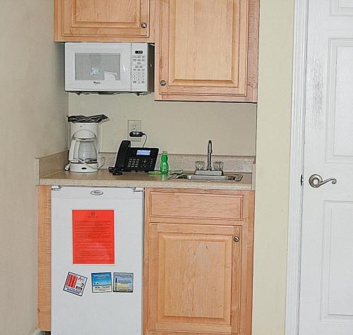 eine Küche mit einem weißen Kühlschrank und einer Mikrowelle in der Unterkunft Studio Brunswick Plantation Villa 2404L in Calabash