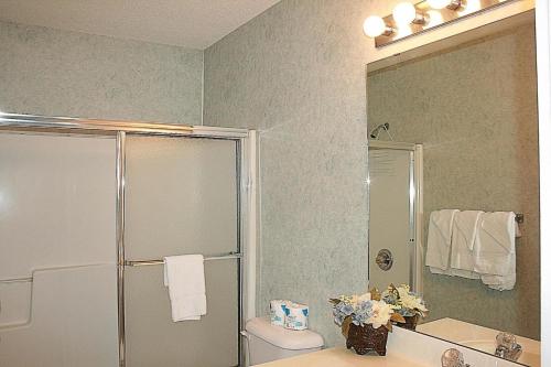 a bathroom with a shower and a toilet and a sink at Brunswick Plantation Resort and Golf Condo 805M with Full Kitchen in Calabash
