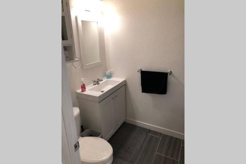 a bathroom with a white toilet and a sink at Mountain Edge Ski-in Ski-out Condo in Kimberley