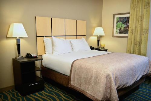 een hotelkamer met een groot bed en twee lampen bij Candlewood Suites Denver Northeast - Brighton, an IHG Hotel in Brighton