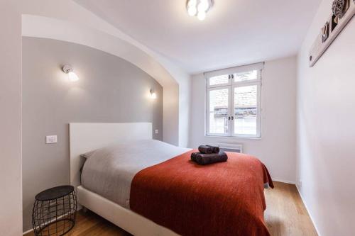 ein Schlafzimmer mit einem großen Bett mit einer roten Decke in der Unterkunft Appartement Arcade en hyper centre avec parking in Straßburg