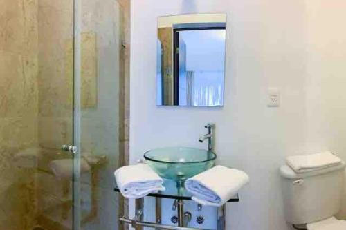 a bathroom with a glass sink and a shower at Condesa 185 in Mexico City