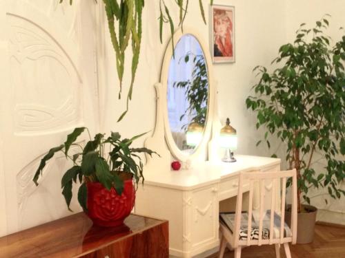 Habitación con escritorio, planta y espejo. en Gaia Hostel en Budapest