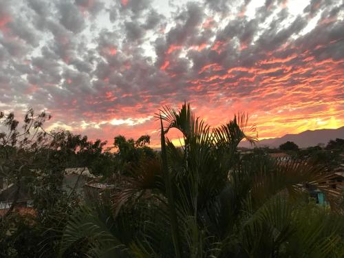 a sunset with clouds in the sky with plants at Pousada Halliny do Rosa in Praia do Rosa