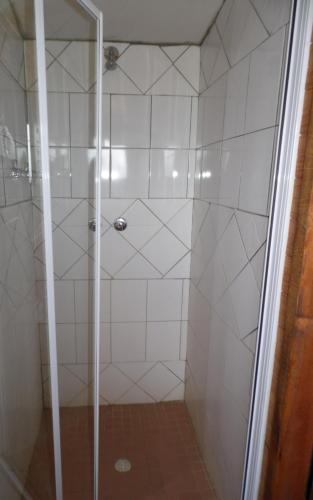 a shower with a glass door in a bathroom at The Hexagon Wildlife Conservation in Uitenhage