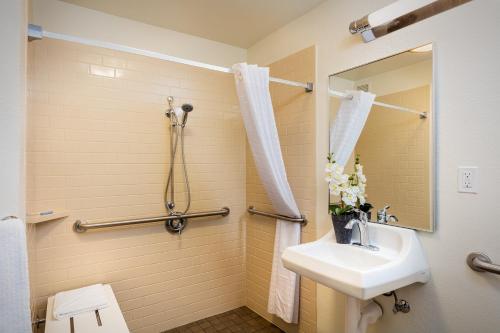 bagno con lavandino e specchio di Candlewood Suites Anaheim - Resort Area, an IHG Hotel ad Anaheim