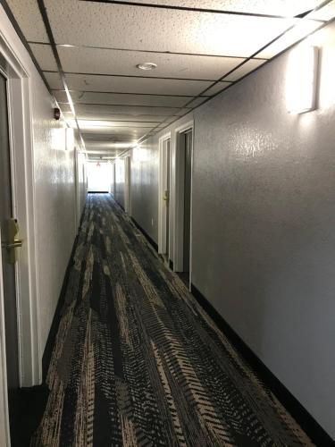 an empty hallway in an office building with a carpet at HomeTown Inn in Clearwater