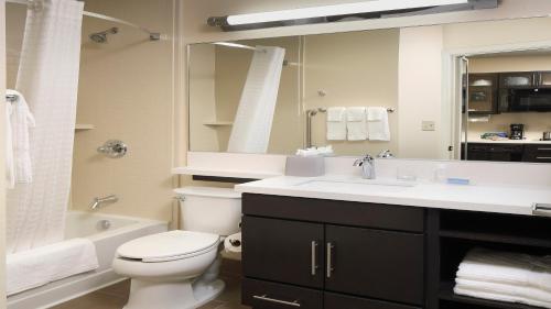 Candlewood Suites - Newark South - University Area, an IHG Hotel في نيوارك: حمام مع مرحاض ومغسلة ومرآة